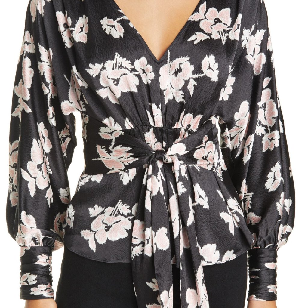 Cinq A Sept Black Floral Tie-Waist V-Neck Blouse With Pale Pink Blooms